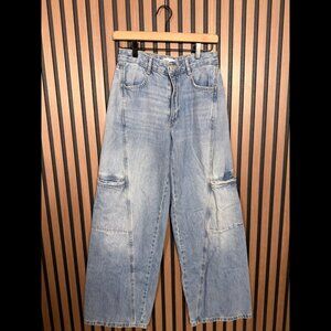 Zara Jeans 6 Womens Blue Baggy Cargo Skater Denim High Rise Wide Leg